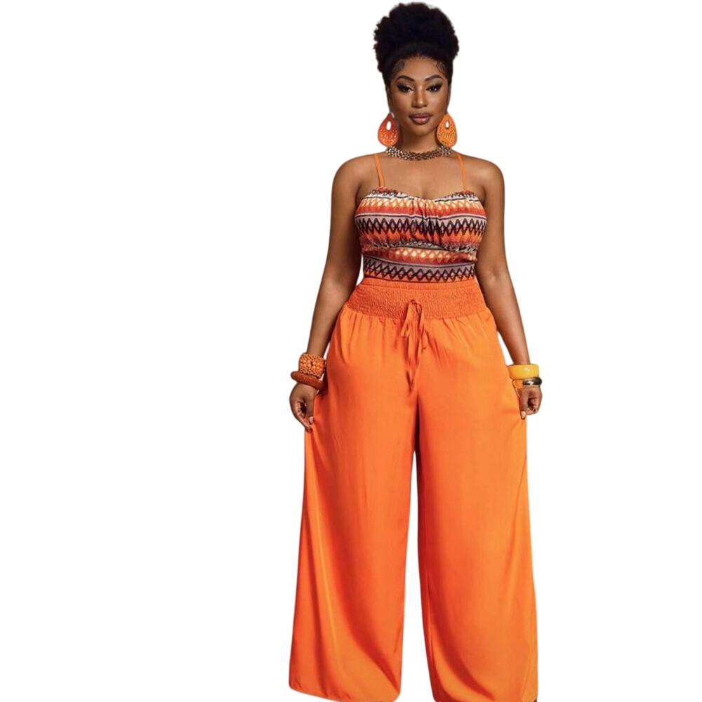 SHEIN Slaydiva 2pc Set Striped Knit Camisole Top & Orange Wide Leg Pants 16 2XL